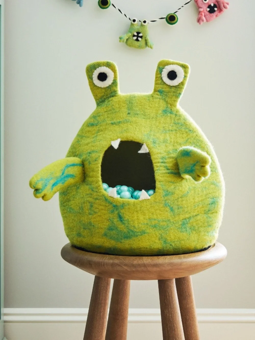 West Elm Halloween Felt Monster Candy Bowl Shades of Green with Blue Spots NWT